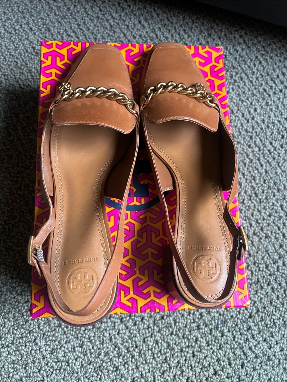 Tory Burch Mini Benton Charm Ambra/Tan Leather Slingback Loafers with Gold Chain